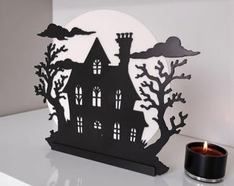 Halloween-Haus mit LED-Teelichthalter und Mond als gruselige Tischdekoration für Wohnzimmer, Fensterbank, Sideboard und Herbstdekoration pur