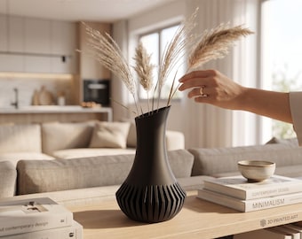 Moderne Vase Veluna – minimalistische Dekovase für frische Blumen oder Trockenblumen, Japandi Deko fürs Wohnzimmer, Farben wählbar, 3D-Druck