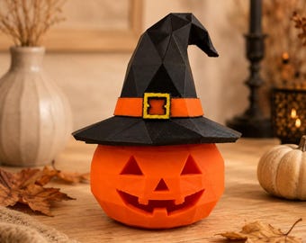 Halloween Kürbis mit Hexenhut – Low Poly Deko in Normal oder XL für Tisch, Fensterbank & Wohnzimmer