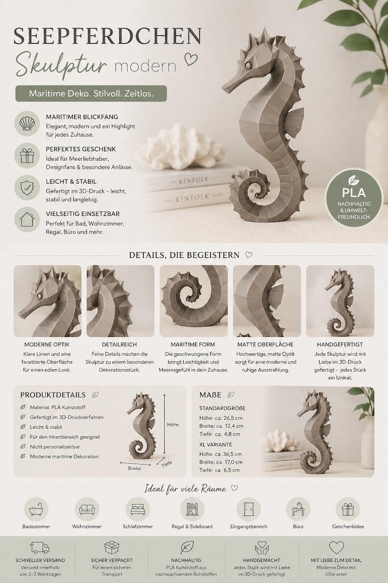 Modernes Seepferdchen als elegante Skulptur im minimalistischen Stil. Maritime Dekoration aus 3D Druck Kunststoff für Badezimmer, Wohnzimmer, Regal oder Sideboard. Stilvolle Tierfigur mit klarer Formensprache passend zu Küstenstil, Japandi oder moderner Einrichtung.
Dekorative Seepferdchen Figur als maritime Wohnraumdeko mit moderner geometrischer Optik. Ideal für Bad, Schlafzimmer oder Eingangsbereich.