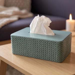 Könnte beinhalten: Rechteckige, türkisfarbene Taschentuchbox mit strukturiertem Muster, gefüllt mit weißen Taschentüchern. Sie steht auf einem Holztisch. Im Hintergrund sind ein Sofa und brennende Kerzen zu sehen.