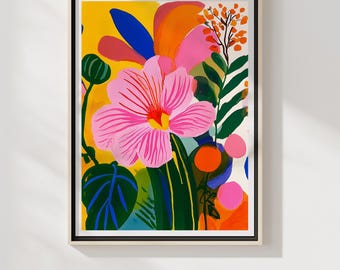 Abstract Floral Print, Modern Pink Green Botanical Wall Art, Colorful Flower Poster, (Digital Download)