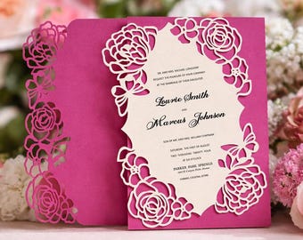 DIY Floral Wedding Invitation SVG for Cricut, Laser Cut Gatefold Pocket Invite Template, Elegant Lace Wedding Card, Instant Download Files