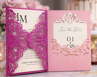 DIY Wedding Invitation SVG for Cricut, Laser Cut Gatefold Pocket Invite Template, Elegant Lace Wedding Card, Instant Download Files