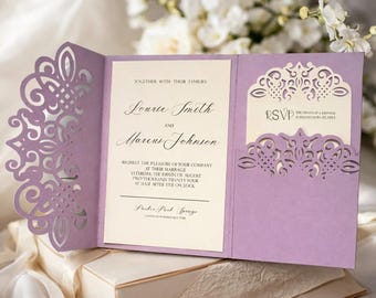 DIY Wedding Invitation SVG for Cricut, Laser Cut Gatefold Pocket Invite Template, Elegant Lace Wedding Card, Instant Download Files