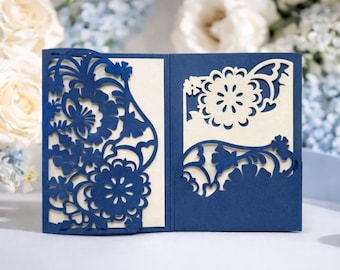 Floral Laser Cut Wedding Invitation Template, Gatefold Pocket Design, Cricut Wedding Invite Template, Digital Download, SVG DXF