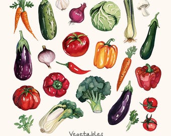 Watercolor Vegetable Clipart Bundle, Hand-Painted Kitchen Art (Digital Download)