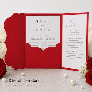 Peut inclure: Un faire-part de mariage rouge avec un bord festonné, avec le texte "Save the Date" et "Details". L'invitation est affichée ouverte, révélant le texte et une poche. Des roses blanches et rouges sont en arrière-plan.