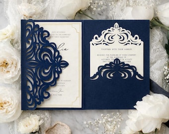 Floral Laser Cut Wedding Invitation Template, Gatefold Pocket Design, Cricut Wedding Invite Template, Digital Download, SVG DXF