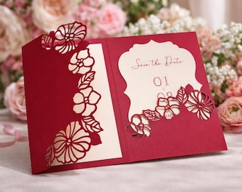 DIY Wedding Invitation for Cricut, Laser Cut Gatefold Pocket Invite Template, Elegant Lace Wedding Card, (SVG, DXF) Digital Download