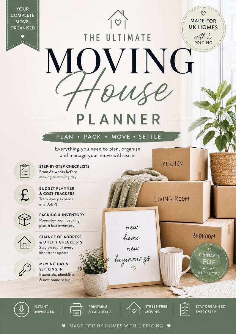 UK Moving House Planner Printable PDF – Moving Checklist, Budget ...
