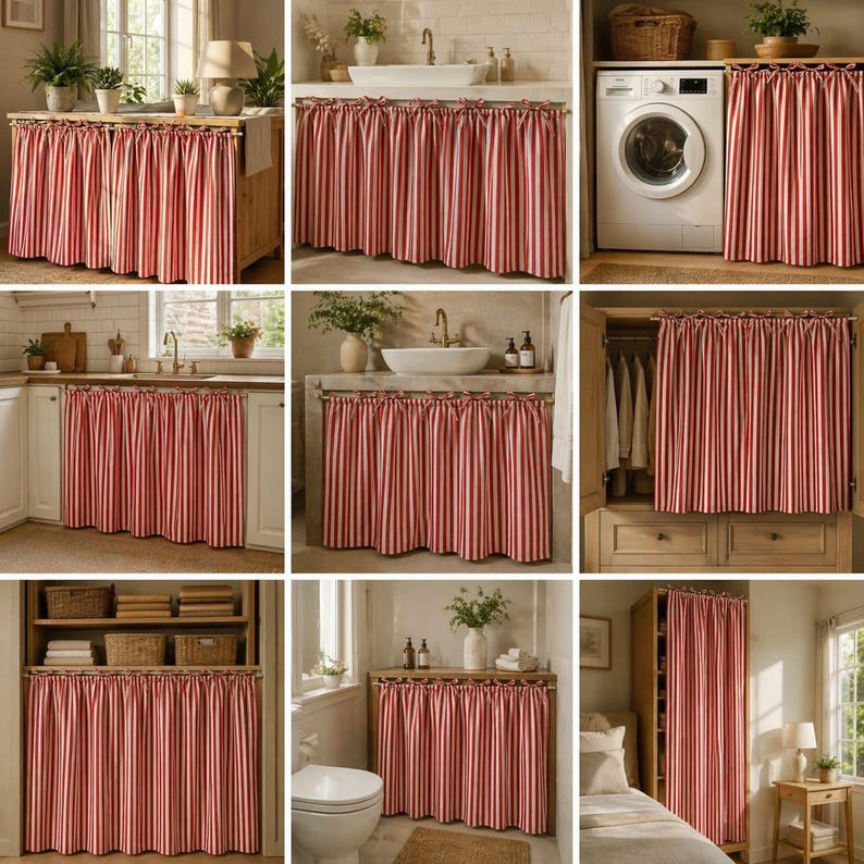 May include: Red and white striped valance curtains. These curtains are shown in various settings, including under sinks, cabinets, and in front of a closet. The curtains are made of a fabric with vertical stripes.