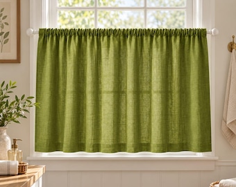 Cortina de lino verde oliva para ventana de cocina / Cortina corta estilo rústico / Cortinas bohemias para media ventana / Panel de cortina pequeño rústico