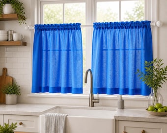 Boho Royal Blau Cafe Leinenvorhänge | Kurze Küchenvorhänge | Minimalist Bauernhaus Fenster Dekoration | Leichte Filternde Leinen-Panels