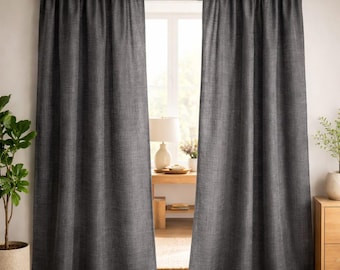 Dunkelgraue Leinenvorhänge | Moderne minimalistische Fenster Vorhänge | Elegante Wohndekor Vorhänge | Leichte Filterung aus Stoff