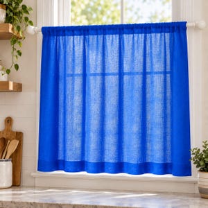 Boho Royal Blue Linen Cafe Curtains | Short Kitchen Window Curtains | Minimalist Farmhouse Window Decor | Light Filtering Linen Panels