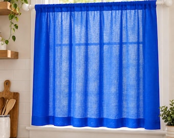 Cortinas de lino azul marino estilo bohemio para cafetería / Cortinas cortas para ventanas de cocina / Decoración minimalista para ventanas de estilo rústico / Paneles de lino que filtran la luz
