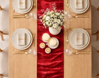Roter Samt-Tischläufer, Luxus Esstisch Dekor, Weihnachtstischläufer, Hochzeitstischläufer, Eleganter Feiertagstisch