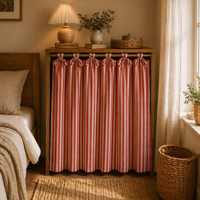 May include: A wooden cabinet with red and white striped curtains. The curtains are tied at the top with bows. A lamp, vase, and basket sit on top of the cabinet. A bed and window are visible in the background. The room has a warm, inviting atmosphere.