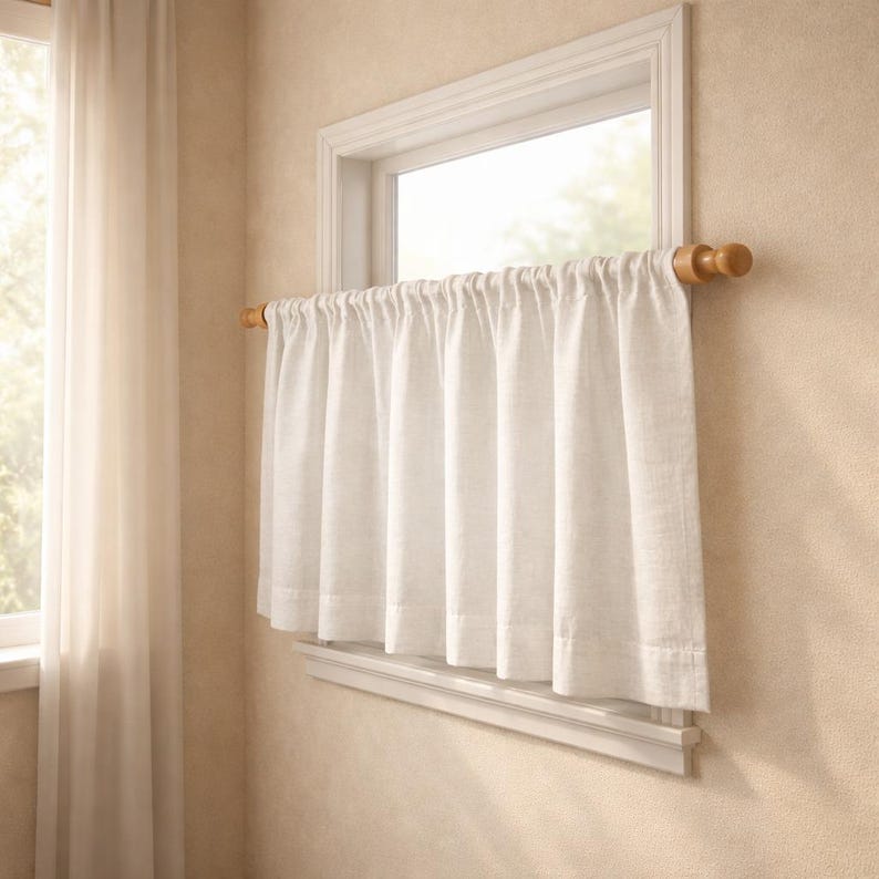 Puede incluir: Una cortina de caf&eacute; blanca cuelga de una barra de madera montada dentro del marco de una ventana. La cortina presenta un encabezado de bolsillo para barra simple y un dobladillo recto, con pliegues verticales suaves y fruncidos.