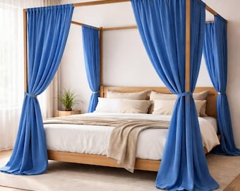 Boho Luxus Blaue Leinen Himmelbett Vorhänge | 6 Himmelbett Vorhänge | Minimalist Schlafzimmer Dekor | Weicher Leinen Betthimmel Paneele
