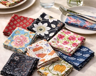 Verschiedene Baumwollstoffservietten Set mit 50 Stück, Handblockdruck-Dinner-Servietten, Floral Boho-Tischservietten, Mix Match-Küchen-Servietten