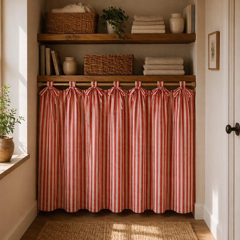 May include: Red and white striped curtains hanging from a wooden rod, tied with bows. The curtains are in front of shelves with baskets, books, and towels. A neutral-toned rug is on the floor.