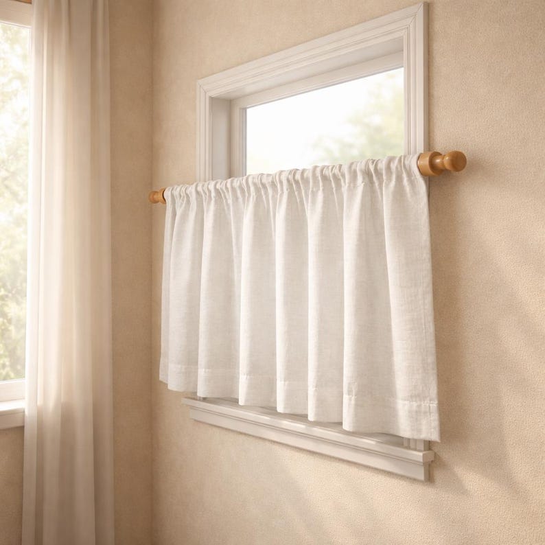 Puede incluir: Una cortina de caf&eacute; de color blanco roto cuelga de una barra de madera montada dentro del marco de la ventana. La cortina presenta un encabezado de bolsillo para barra simple y cae en pliegues verticales suaves, cubriendo la parte inferior.