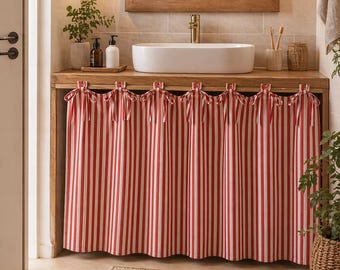 Boho Rot gestreifter Baumwolle Vorhang Semi Sheer | Krawattenvorhang | Küchenvorhang | Geschirrspüler Abdeckvorhang | Bauernhaus Rustikaler Vorhang