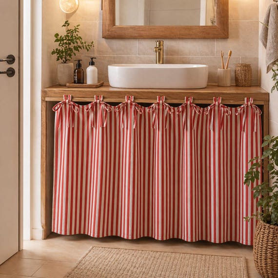 Boho Red Striped Cotton Curtain Semi Sheer | Tie Top Curtain |Kitchen Hideaway Curtain | Dishwasher Cover Curtain |Farmhouse Rustic Curtain