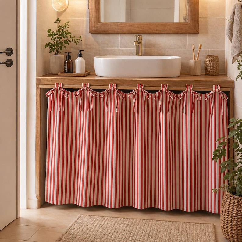May include: Red and white striped fabric curtains with bow ties, covering the under-sink cabinet in a bathroom. The wooden cabinet supports a white oval sink, a mirror, and a gold faucet. A small rug is on the floor.
