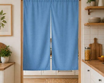 Himmelblauer Leinen Noren Vorhang Lichtfilterung | Japandi Türvorhang Panel | Boho Bauernhaus Raumteiler | Küche Flur Vorhang