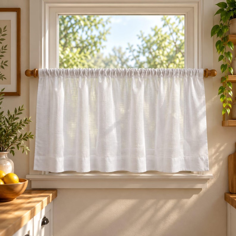 Puede incluir: Una cortina de caf&eacute; blanca cuelga de una barra de madera sobre una ventana. La cortina presenta una parte superior fruncida y un dobladillo ancho en la parte inferior, hecha de una tela semitransparente que permite el paso de la luz.
