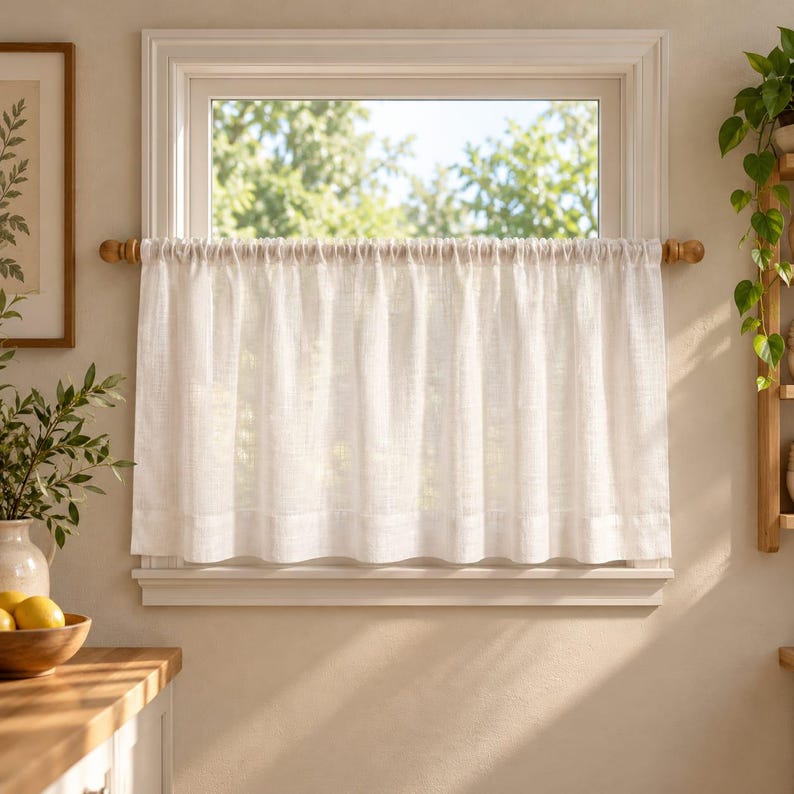 Puede incluir: Una cortina de caf&eacute; blanca semitransparente cuelga de una barra de madera montada dentro del marco de una ventana. La cortina presenta un encabezado de bolsillo para barra simple y un dobladillo recto, permitiendo que la luz natural pase.