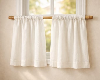 Cortina de lino blanco para café, cortina corta para ventana, cortina de cocina estilo rústico, cortina de media ventana, cortina rústica para la decoración del baño y el dormitorio.