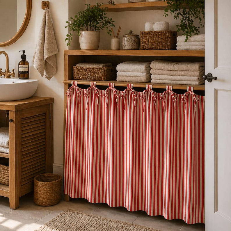 May include: A bathroom interior featuring a wooden vanity with a white sink and a round mirror. A red and white striped curtain hangs in front of a wooden cabinet with shelves holding towels, baskets, and plants. A woven rug and basket are on the floor.