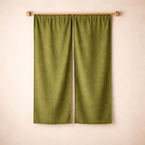 Olive Green Linen Noren Curtain | Semi Sheer Doorway Curtain Panel | Boho Japandi Room Divider | Privacy Door Curtain | Modern Home Decor