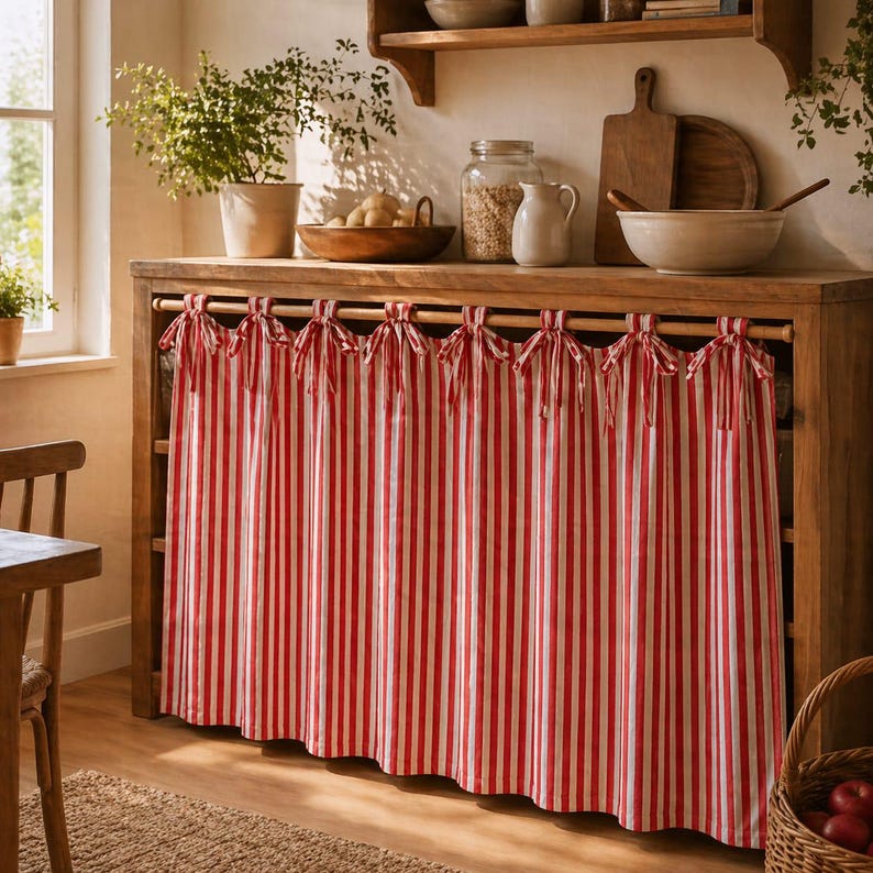 May include: Red and white striped kitchen curtains hanging from a wooden rod. The curtains are tied at the top with red bows. The curtains are covering a wooden cabinet. The kitchen has a rustic, farmhouse style.
