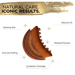 Pode incluir: Uma ilustra&ccedil;&atilde;o com o texto "NATURAL CARE. ICONIC RESULTS." mostra uma ferramenta de beleza marrom em forma de meia-lua. A imagem destaca benef&iacute;cios como pele radiante, desincha&ccedil;o facial, drenagem linf&aacute;tica, lifting natural e m&uacute;sculos relaxados.