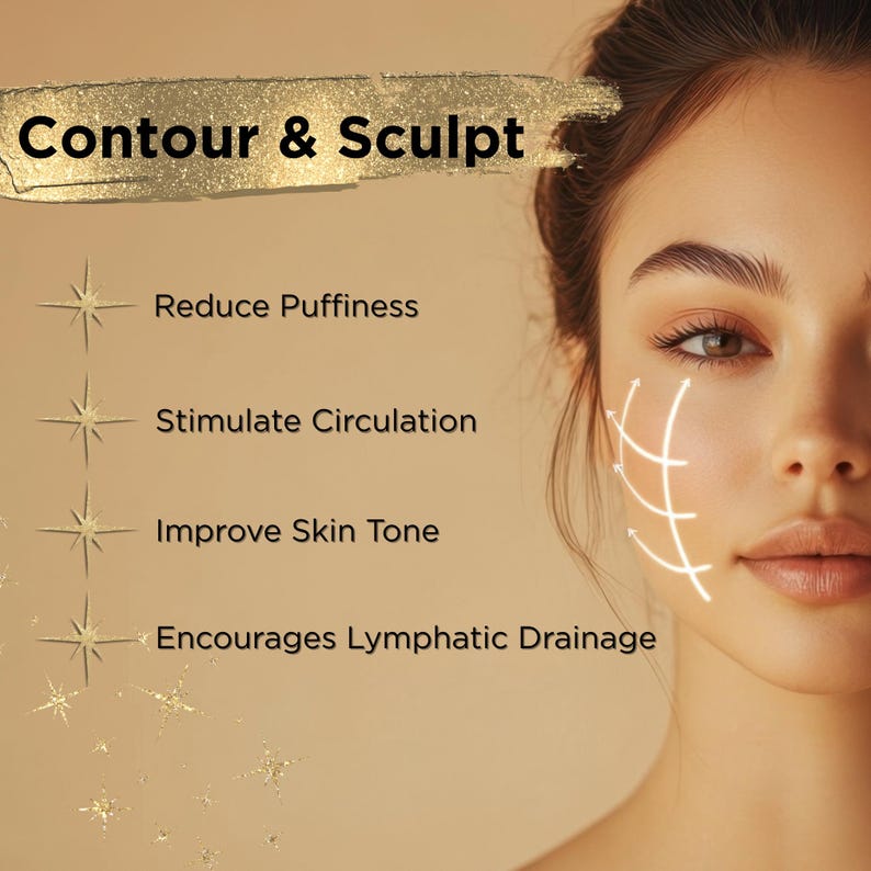 Pode incluir: Rosto de mulher com linhas brancas indicando t&eacute;cnicas de massagem facial. O texto diz "Contour & Sculpt" com benef&iacute;cios: Reduz o incha&ccedil;o, Estimula a circula&ccedil;&atilde;o, Melhora o tom da pele e Estimula a drenagem linf&aacute;tica.