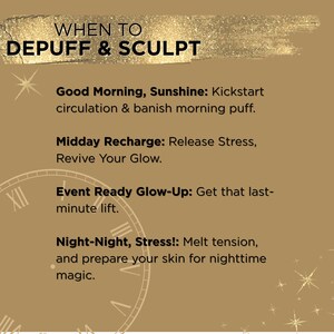 Pode incluir: Gr&aacute;fico bege com o texto &laquo;WHEN TO DEPUFF & SCULPT&raquo;. O texto &eacute; acompanhado por frases como &laquo;Good Morning, Sunshine&raquo; e &laquo;Night-Night, Stress!&raquo; com instru&ccedil;&otilde;es relacionadas. Um mostrador de rel&oacute;gio e explos&otilde;es de estrelas tamb&eacute;m est&atilde;o presentes.