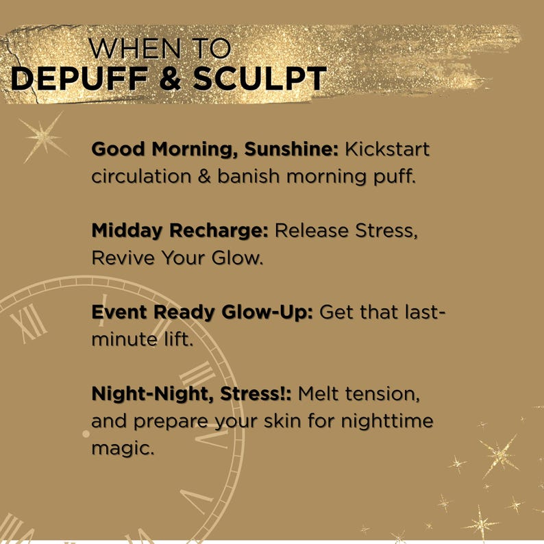 Pode incluir: Gr&aacute;fico bege com o texto &laquo;WHEN TO DEPUFF & SCULPT&raquo;. O texto &eacute; acompanhado por frases como &laquo;Good Morning, Sunshine&raquo; e &laquo;Night-Night, Stress!&raquo; com instru&ccedil;&otilde;es relacionadas. Um mostrador de rel&oacute;gio e explos&otilde;es de estrelas tamb&eacute;m est&atilde;o presentes.