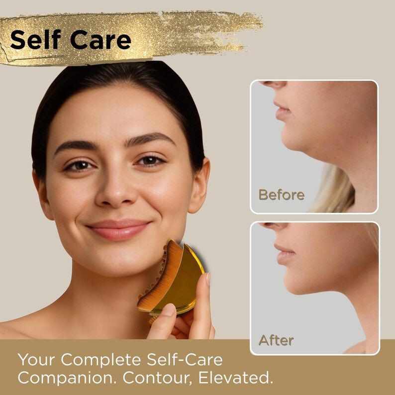 Pode incluir: Uma mulher segura uma ferramenta de beleza dourada perto da mand&iacute;bula. A imagem inclui o texto "Self Care" e "Your Complete Self-Care Companion. Contour, Elevated." Duas imagens lado a lado mostram uma compara&ccedil;&atilde;o "Antes" e "Depois".