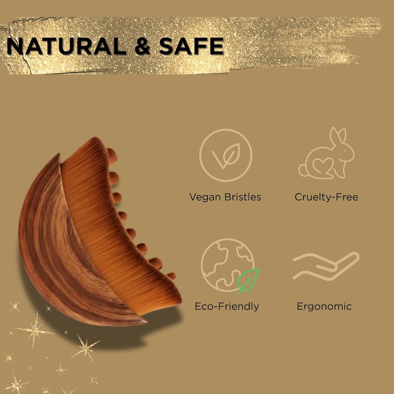 Pode incluir: Uma presilha de cabelo castanha e bege com um design curvo. A imagem inclui o texto "NATURAL & SAFE", "Vegan Bristles", "Cruelty-Free", "Eco-Friendly" e "Ergonomic".