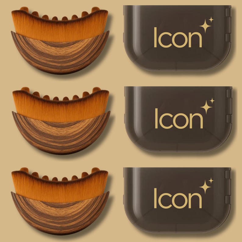 Pode incluir: Um conjunto de tr&ecirc;s pinc&eacute;is de maquiagem com cabo com efeito de madeira e cerdas laranja. Cada pincel &eacute; combinado com uma caixa marrom escura com a palavra "Icon" e um design de estrela dourada.