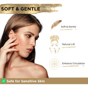 Pode incluir: Uma mulher tocando seu rosto, com o texto "Soft & Gentle" no topo. Outros textos incluem "Natural Lift" e "Enhance Circulation". A parte inferior da imagem diz "Safe for Sensitive Skin".