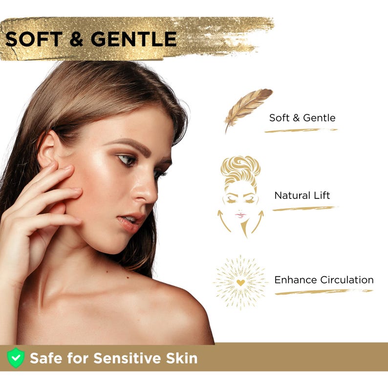 Pode incluir: Uma mulher tocando seu rosto, com o texto "Soft & Gentle" no topo. Outros textos incluem "Natural Lift" e "Enhance Circulation". A parte inferior da imagem diz "Safe for Sensitive Skin".