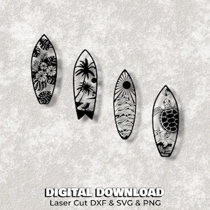 Puede incluir: Cuatro diseños de tablas de surf en blanco y negro con temas tropicales. Uno presenta flores y hojas, otro palmeras y una escena de playa, un tercero tiene un sol y olas, y el último una tortuga. El texto "DIGITAL DOWNLOAD" está en la parte inferior.