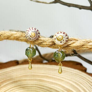 Design 27 | Boho Seashell & Green Stone Drop Earrings | Handmade Beach Jewelry, Ocean Inspired Coastal Earrings, Unique Gift for Her