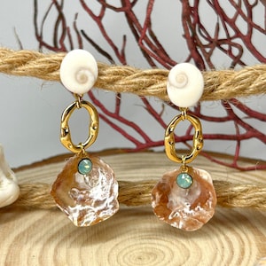 Boho White Spiral Shell Earrings with Iridescent Shell & Turquoise – Gold Dangle, Ocean Inspired Handmade Jewelry